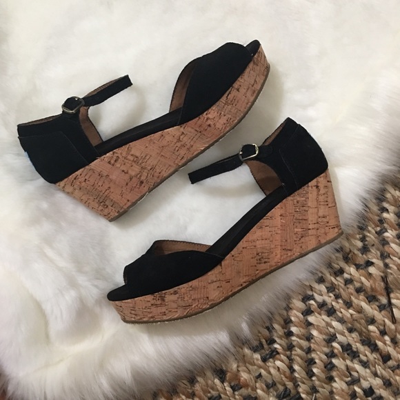 Toms Shoes - Toms Black Suede Cork Wedge Platform Sandals